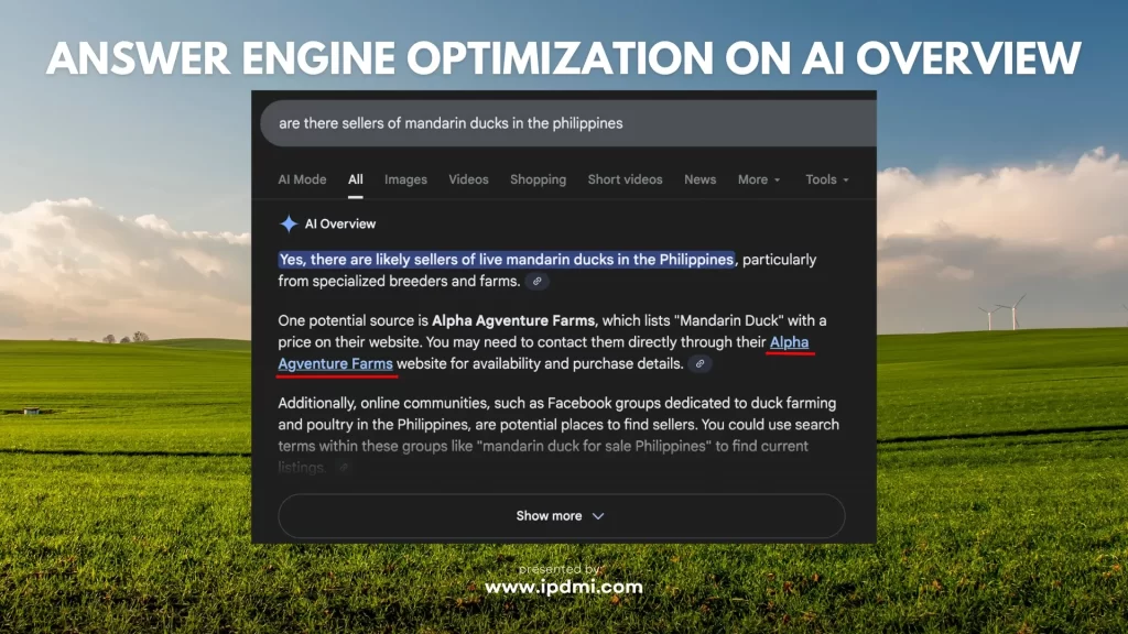 Answer Engine Optimization on Google AI Overview for Alpha Agventure Farms